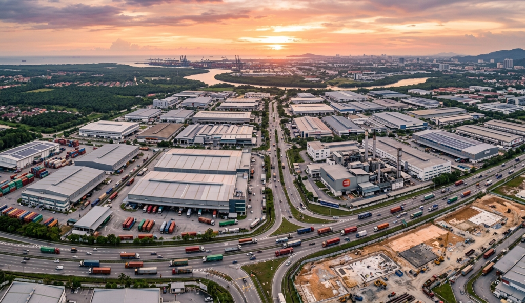 Industrial land development in Selangor Malaysia showing factories, warehouses, and logistics infrastructure for investment opportunities