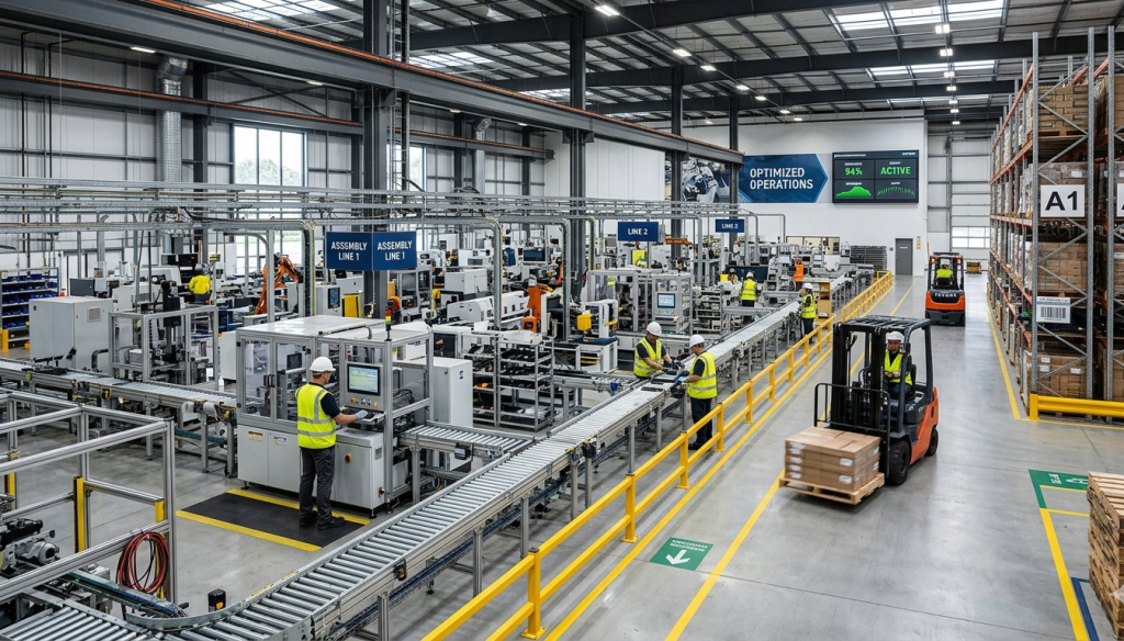 Modern factory layout designed to improve workflow efficiency, productivity, and industrial operations.