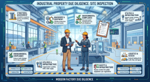 Industrial property consultant inspecting a modern factory as part of the due diligence process before purchase.