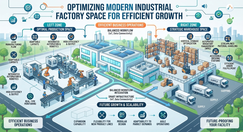 Modern industrial factory with the right amount of production and warehouse space to support efficient business operations and future growth.