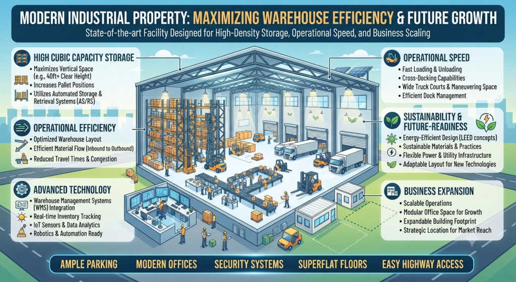 Modern industrial property with high ceilings designed to maximise warehouse storage, operational efficiency, and future business expansion.