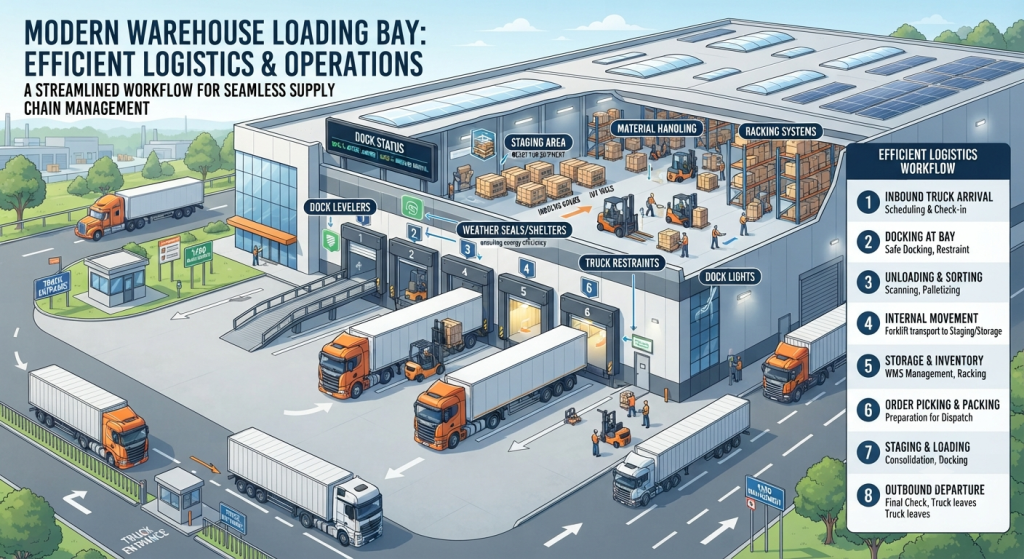Modern warehouse with a well-designed loading bay supporting efficient logistics, truck access, and warehouse operations.