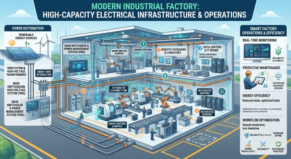Modern industrial factory with high-capacity electrical infrastructure supporting manufacturing equipment and efficient business operations.