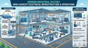 Modern industrial factory with high-capacity electrical infrastructure supporting manufacturing equipment and efficient business operations.